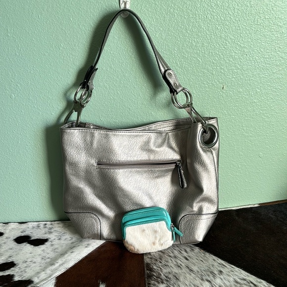 Silver colored purse with hair on hide key/card holder - Picture 1 of 9